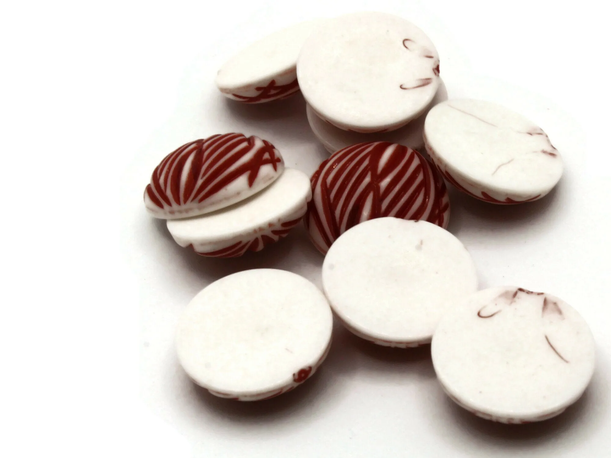 10 18mm Stripe Pattern Round White and Red Vintage West German Plastic Cabochons