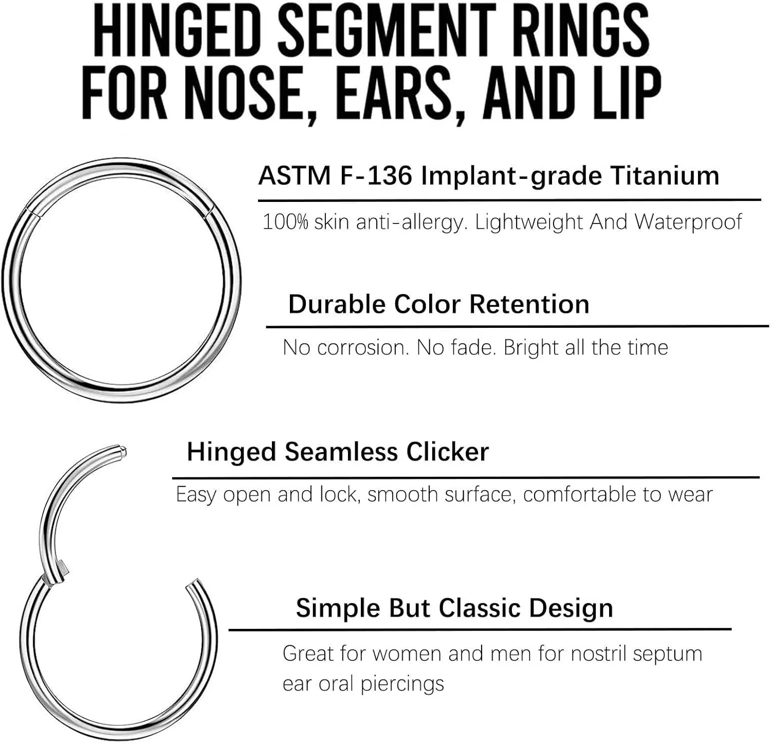 2Pcs Titanium Nose Rings 20G 18G 16G Nose Rings Hoops Diameter 5mm to 12mm Rose Gold-Black Cartilage Helix Tragus Daith Rook Hoop Earrings Hinged Segment Septum Clicker Body Piercing Jewelry