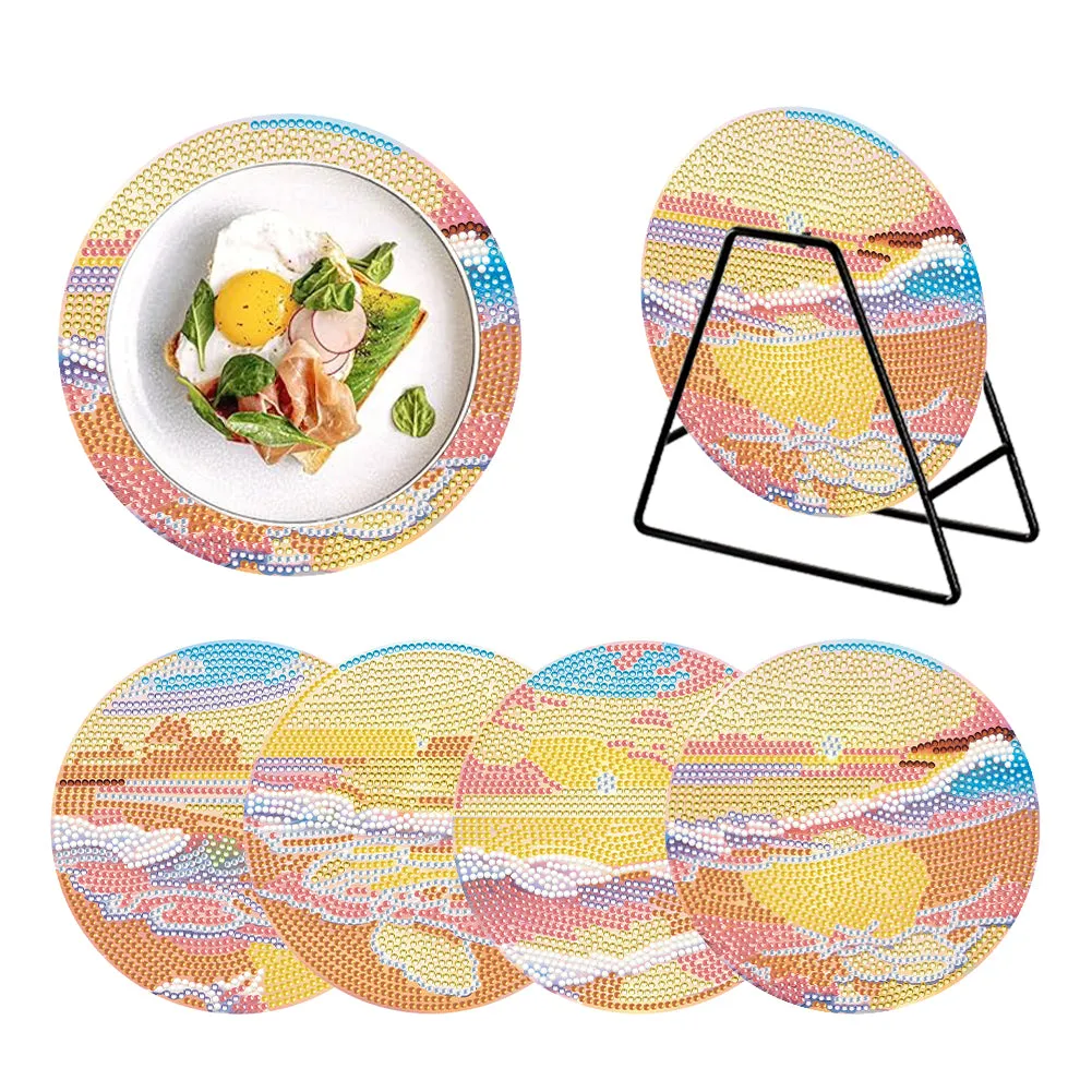 4PCS Acrylic Diamond Painted Placemats Tableware Mat with Holder(Beach Sea Wave)