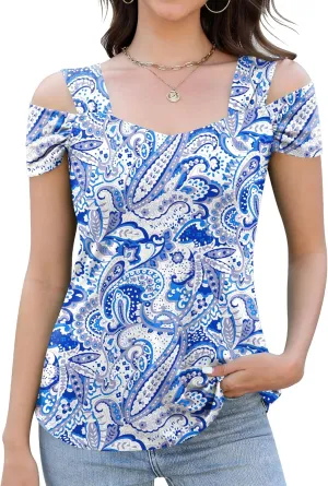 Blingfit Trendy Summer Sexy Top for Women Cold Shoulder Tops V Neck Pleated Blouses Dressy Casual Loose Fit Printed Shirts