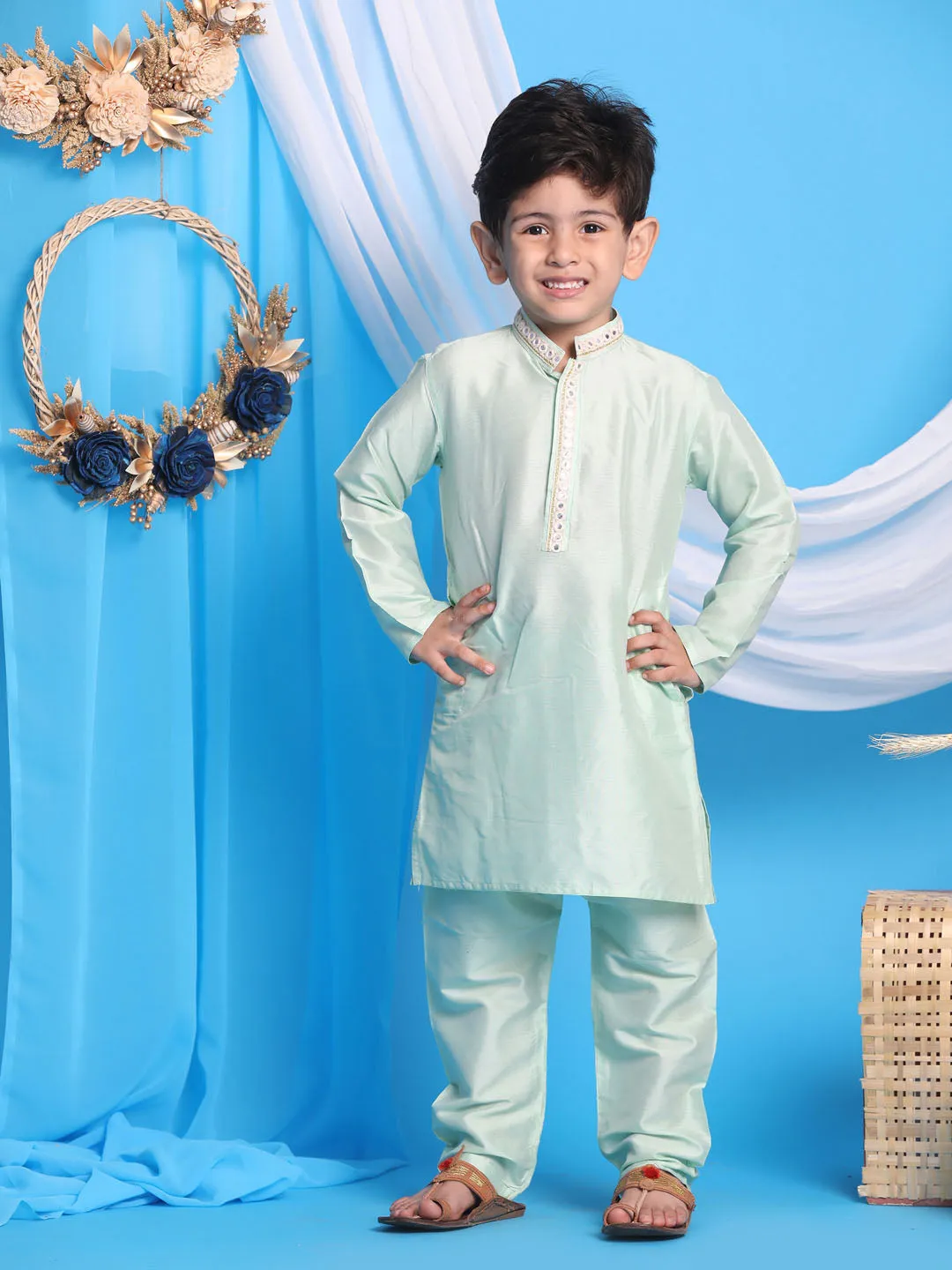 Boy's Mint Green Kurta And Pyjama - Vastramay Boys