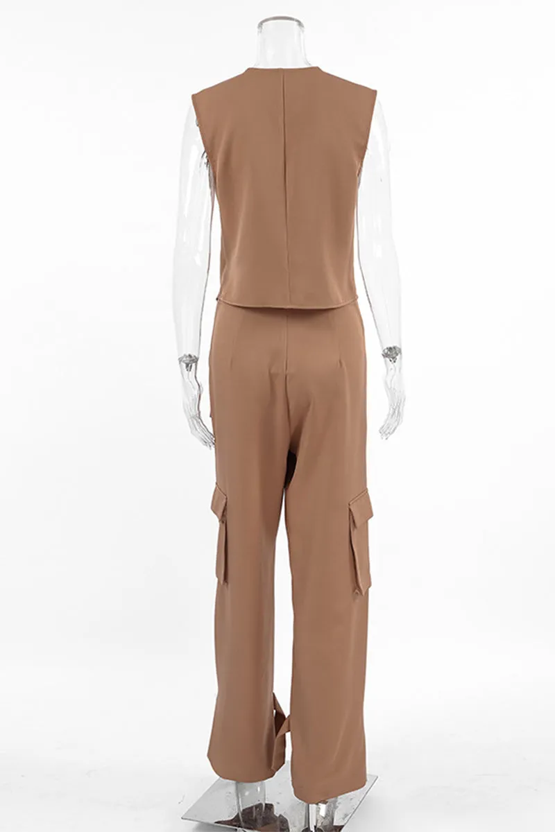 Casual Solid Pocket Buttons Asymmetrical V Neck Sleeveless Two Pieces