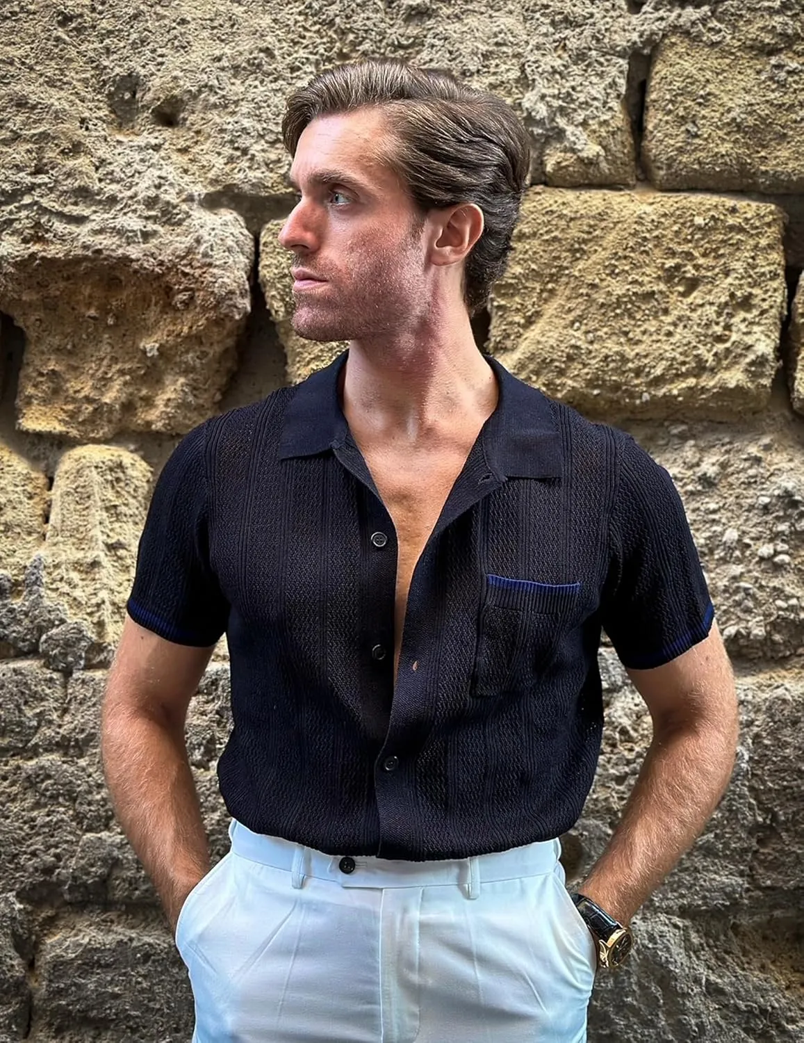 COOFANDY Men's Knit Button Down Shirt 2025 Vintage Short Sleeve Polo Shirt Casual Beach Tops