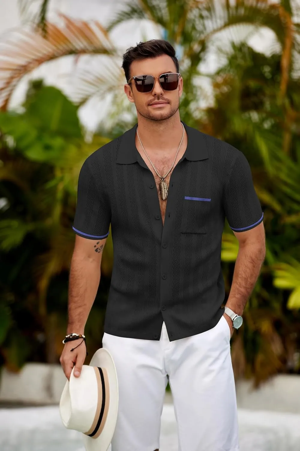 COOFANDY Men's Knit Button Down Shirt 2025 Vintage Short Sleeve Polo Shirt Casual Beach Tops