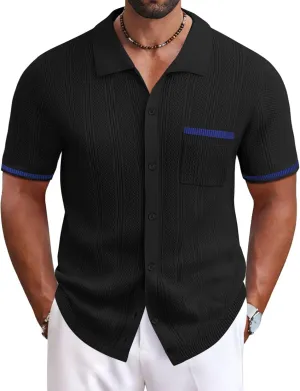 COOFANDY Men's Knit Button Down Shirt 2025 Vintage Short Sleeve Polo Shirt Casual Beach Tops