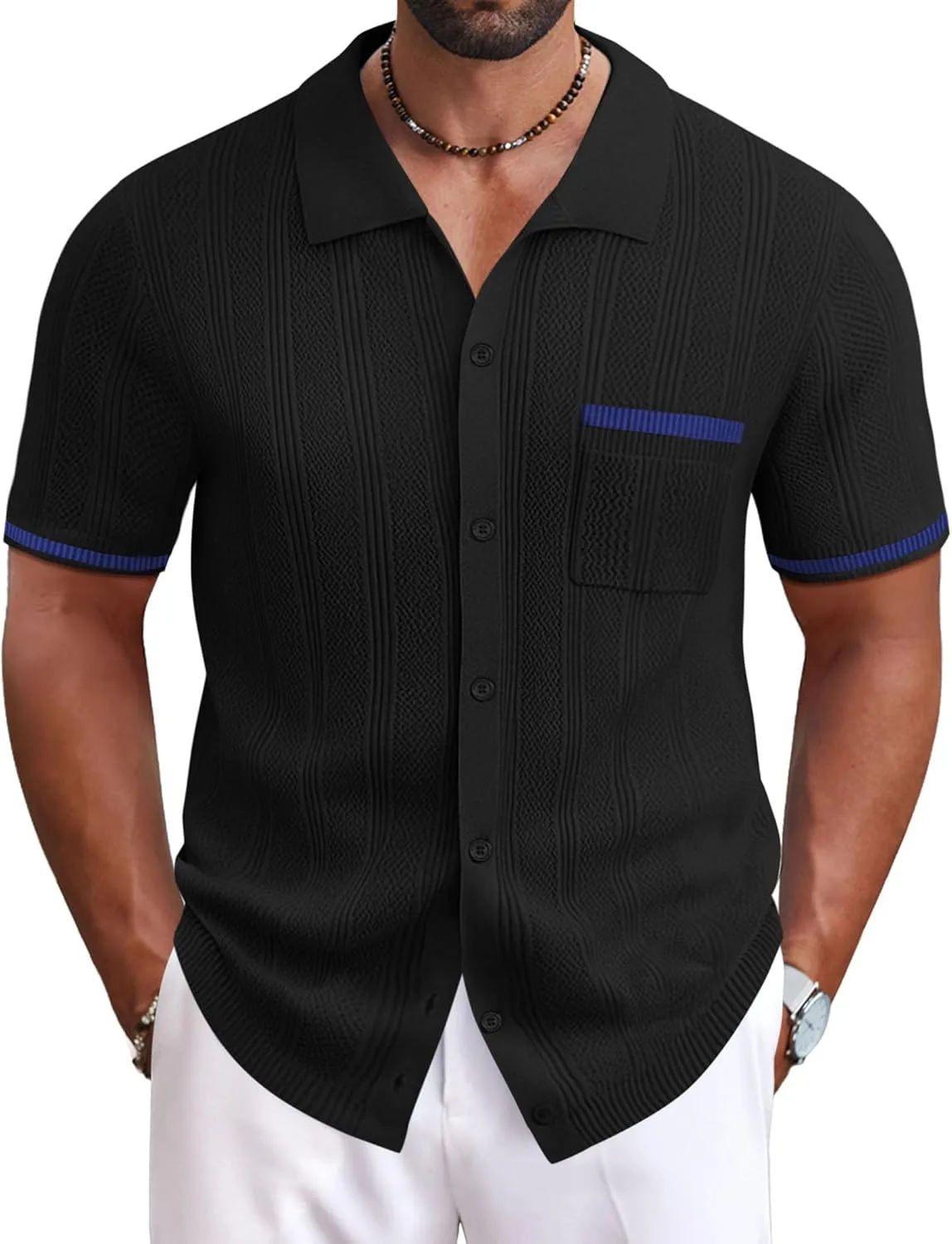 COOFANDY Men's Knit Button Down Shirt 2025 Vintage Short Sleeve Polo Shirt Casual Beach Tops