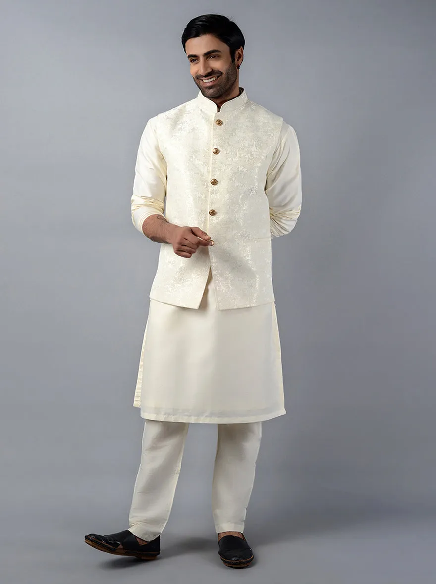 Cream Self Design Regular Fit Bandhgala Jacket | Azania