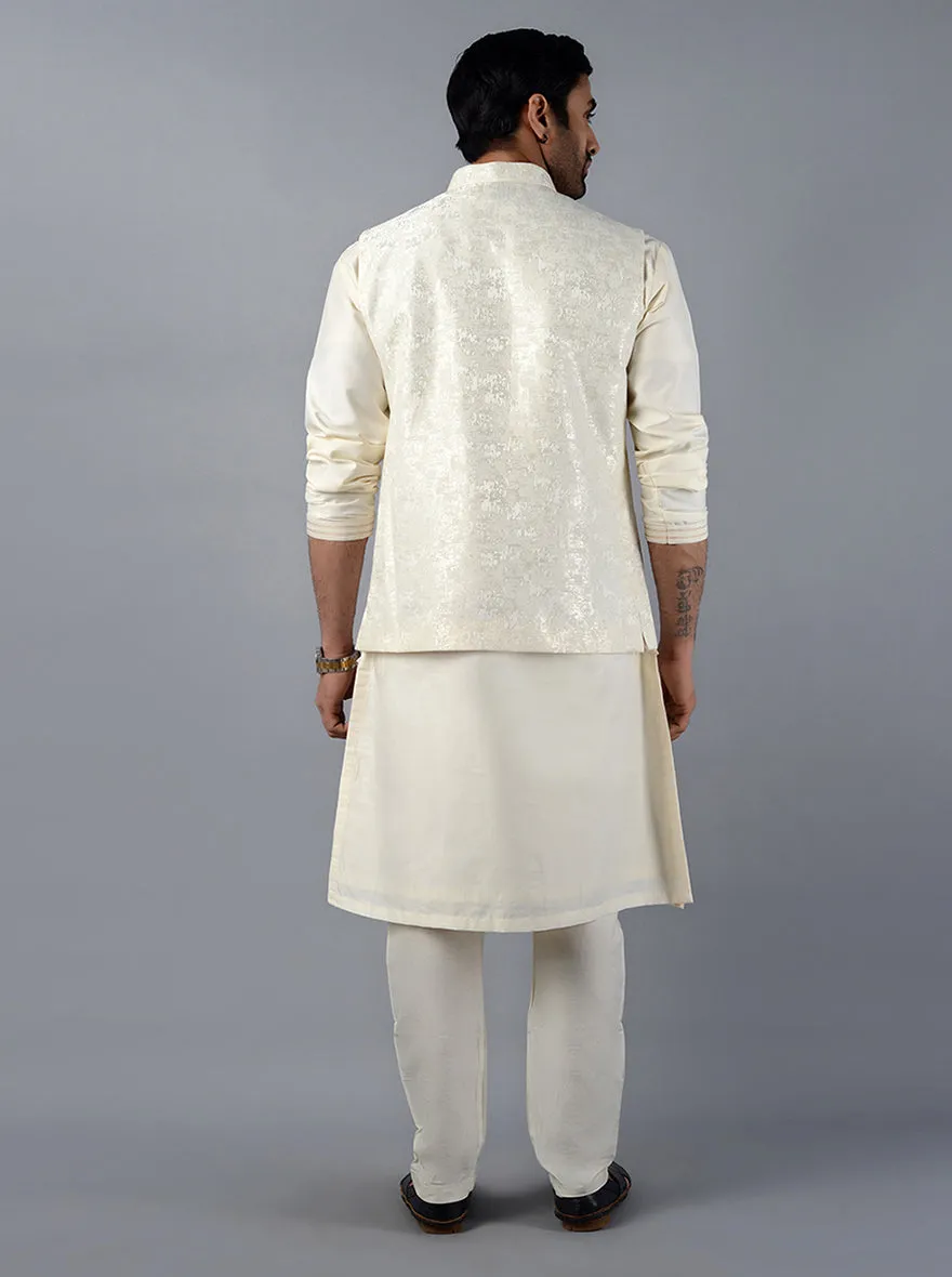Cream Self Design Regular Fit Bandhgala Jacket | Azania