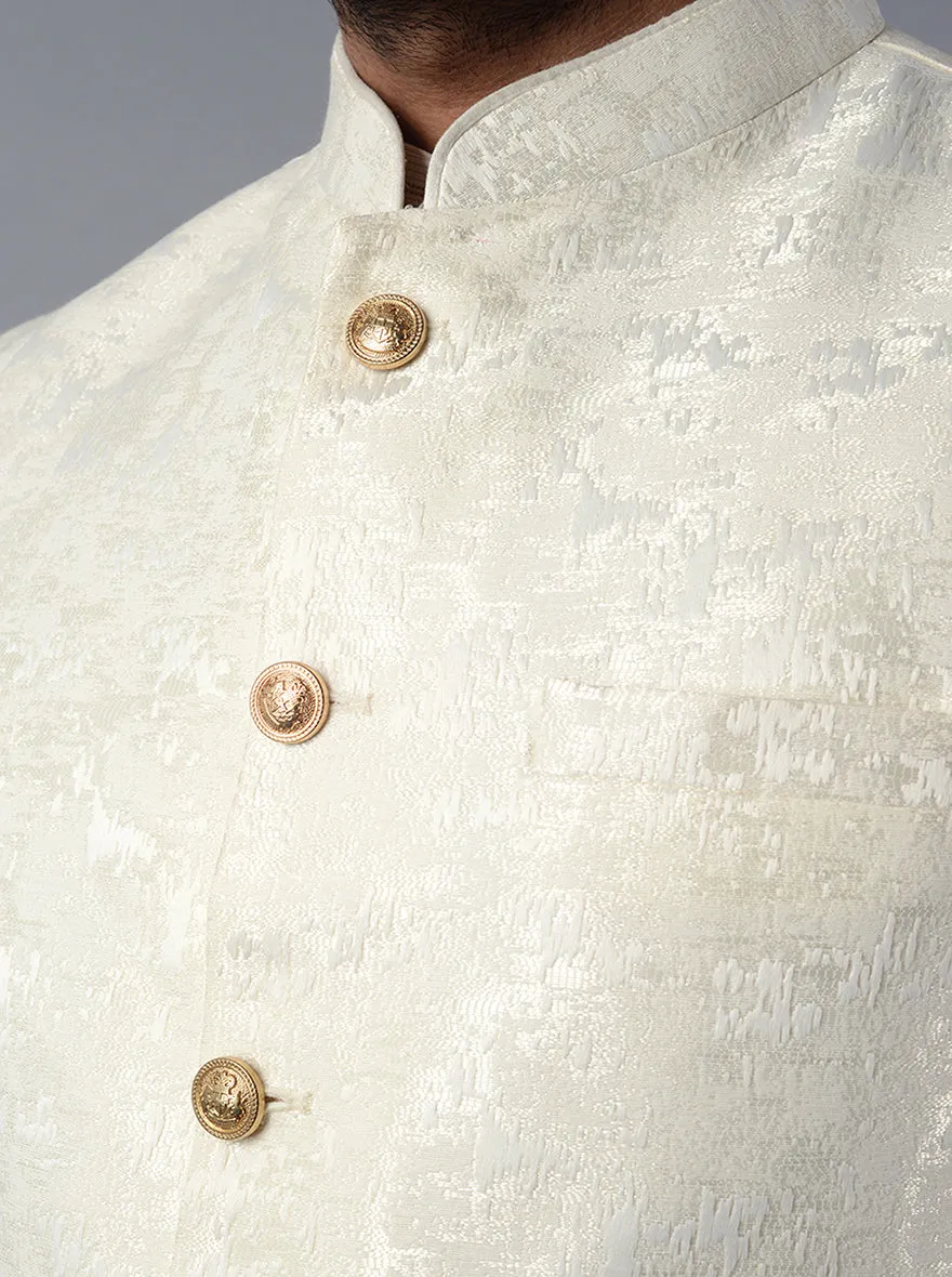 Cream Self Design Regular Fit Bandhgala Jacket | Azania