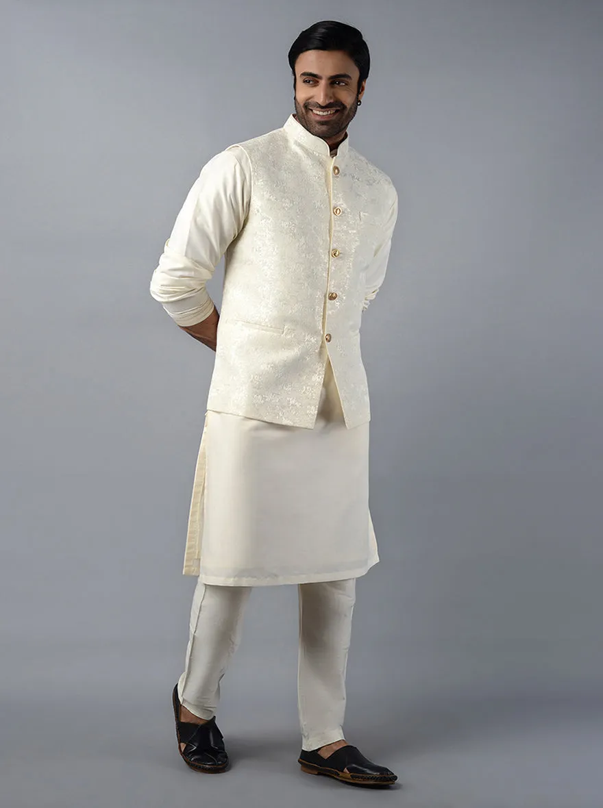 Cream Self Design Regular Fit Bandhgala Jacket | Azania