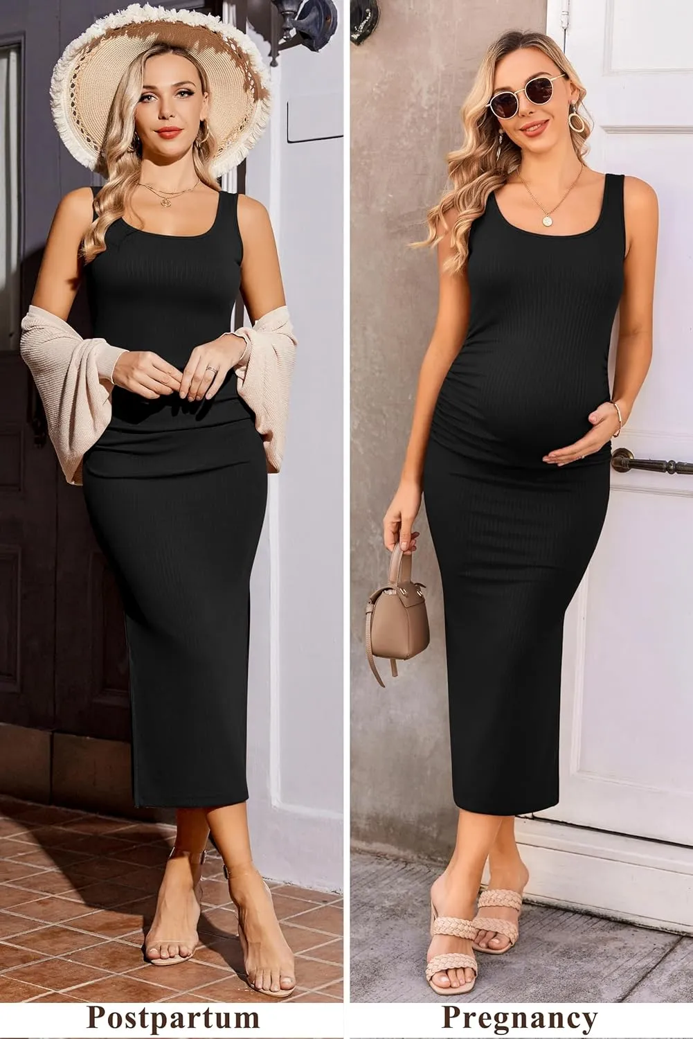 Ekouaer Women Sleeveless Tank Maternity Dress Ribbed Knit Pregnancy Midi Dresses Ruch Side Stretchy Pregnancy Clothes S-XXL