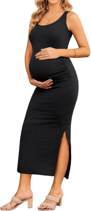 Ekouaer Women Sleeveless Tank Maternity Dress Ribbed Knit Pregnancy Midi Dresses Ruch Side Stretchy Pregnancy Clothes S-XXL