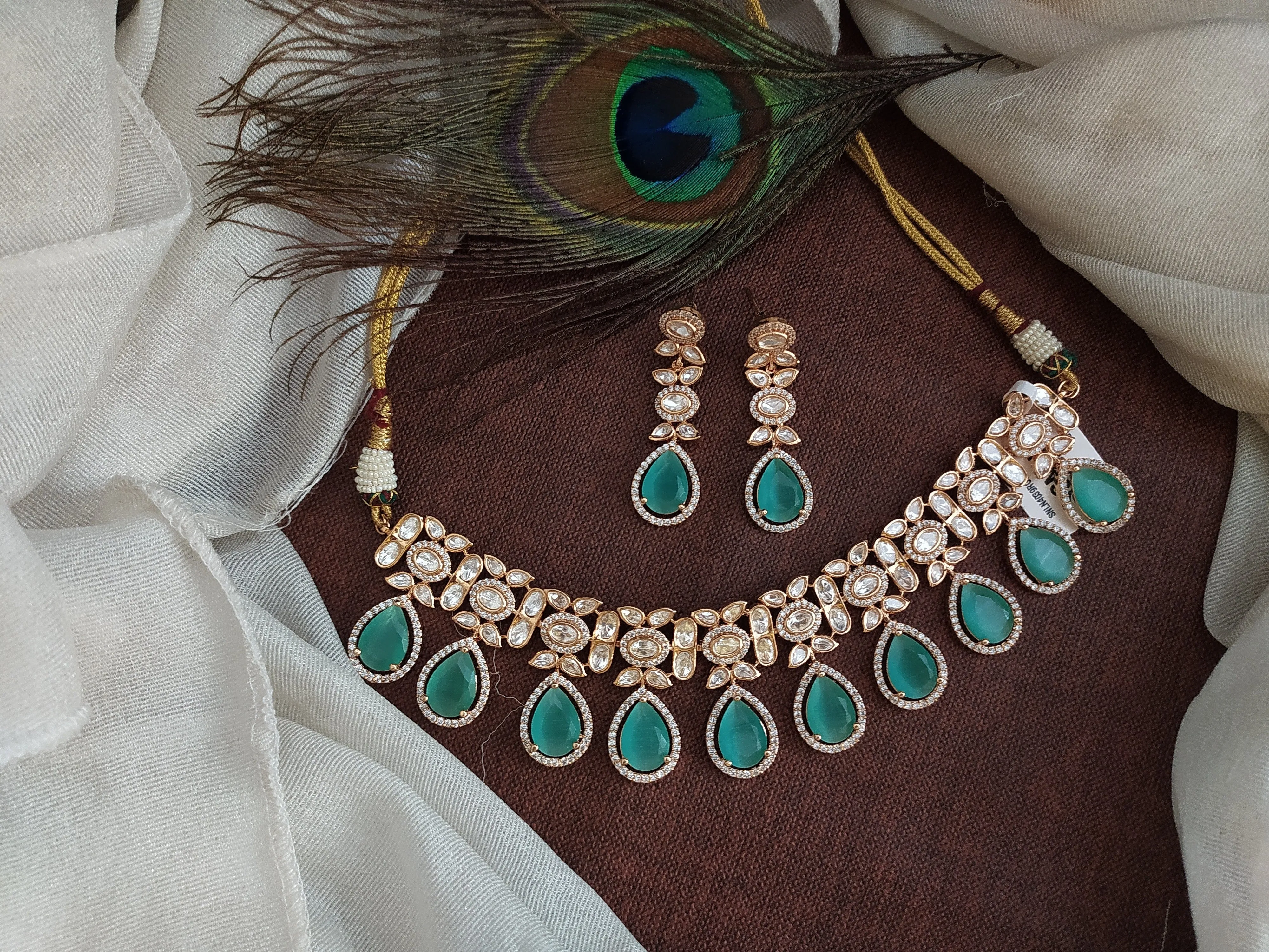 Elegant Rose Gold-Plated Polki Kundan Necklace in Mint Color