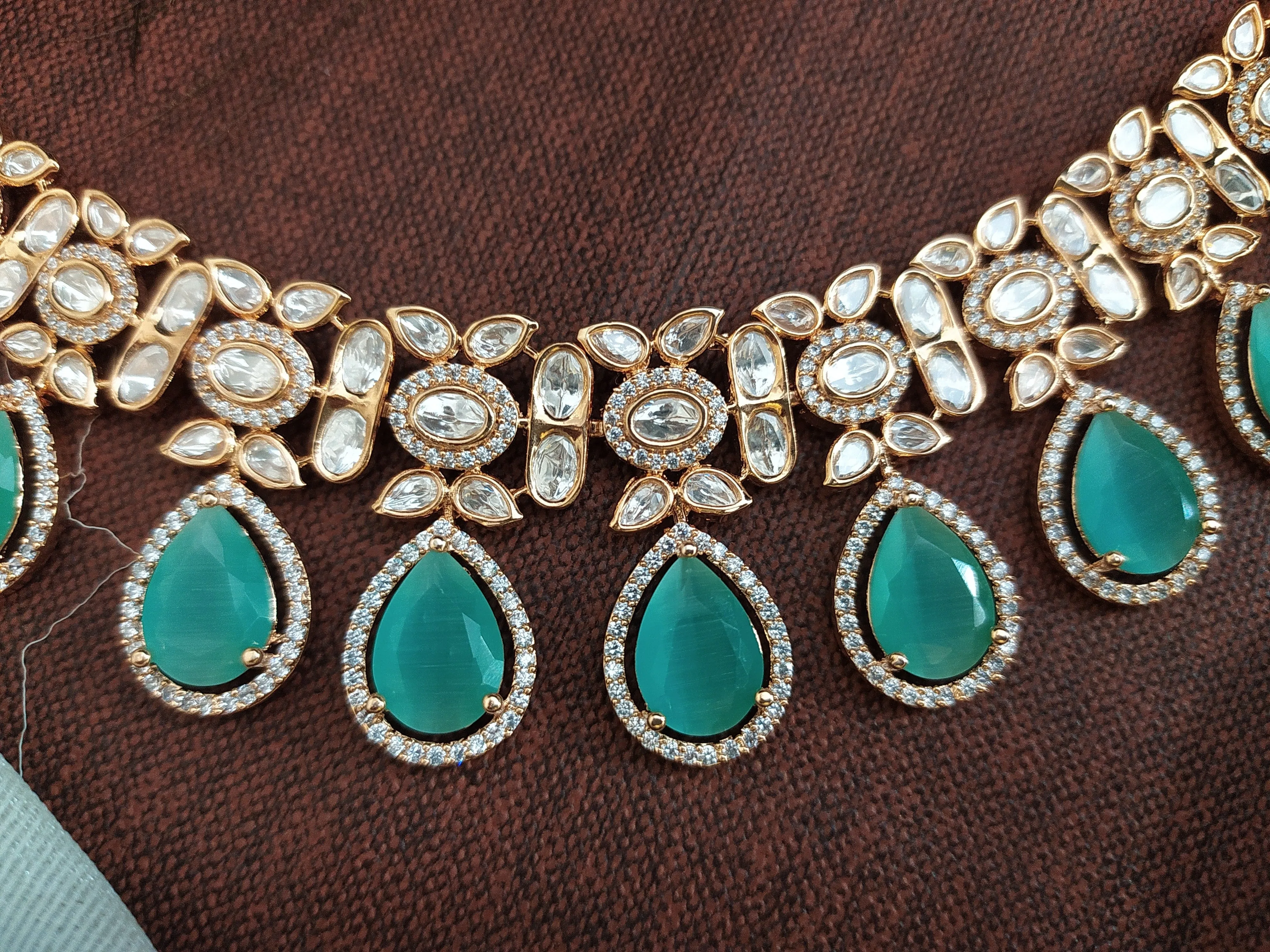 Elegant Rose Gold-Plated Polki Kundan Necklace in Mint Color