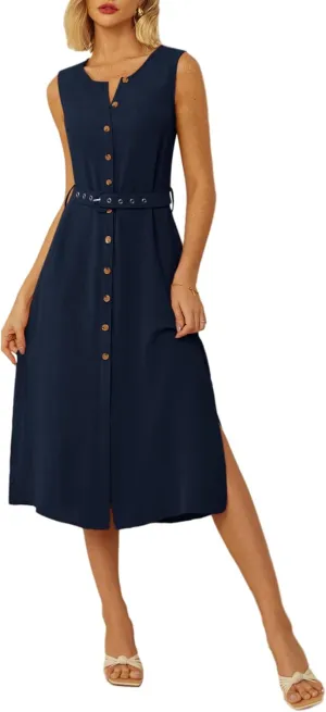 GRACE KARIN Women Casual Summer Dress 2025 Business Work Belted Sleeveless Button Down Shirt Midi Dresses with Pockets