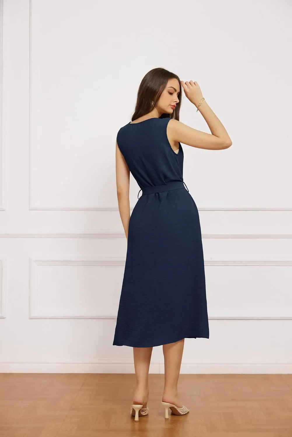 GRACE KARIN Women Casual Summer Dress 2025 Business Work Belted Sleeveless Button Down Shirt Midi Dresses with Pockets