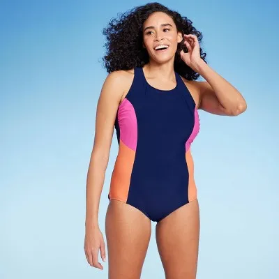 Lands' End Women's UPF 50 Full Coverage High Neck Tugless One Piece Swimsuit - Multi M