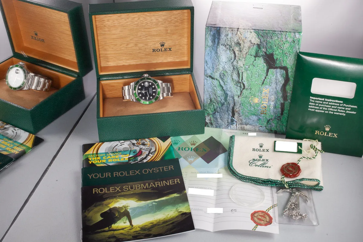 Mint 2003 Rolex Anniversary Green Submariner 16610LV with Box and Papers,Flat 4 Bezel, and Protective Stickers
