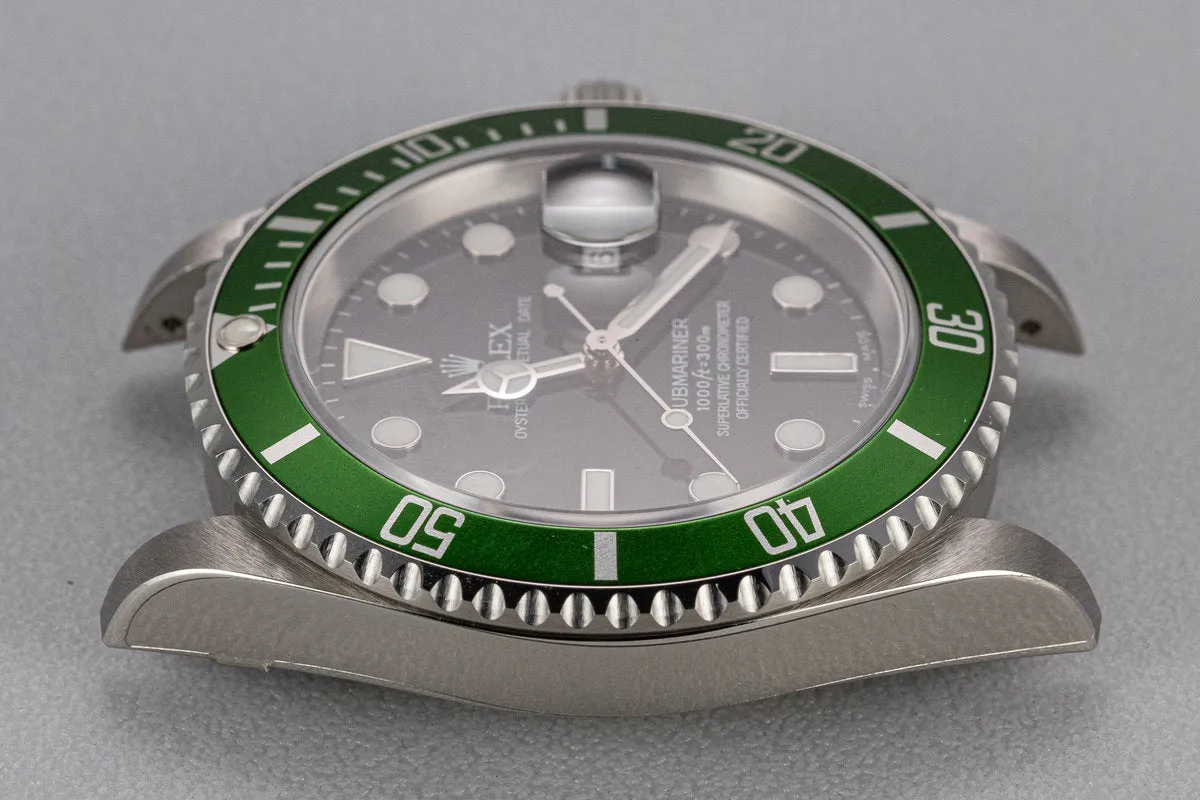 Mint 2003 Rolex Anniversary Green Submariner 16610LV with Box and Papers,Flat 4 Bezel, and Protective Stickers