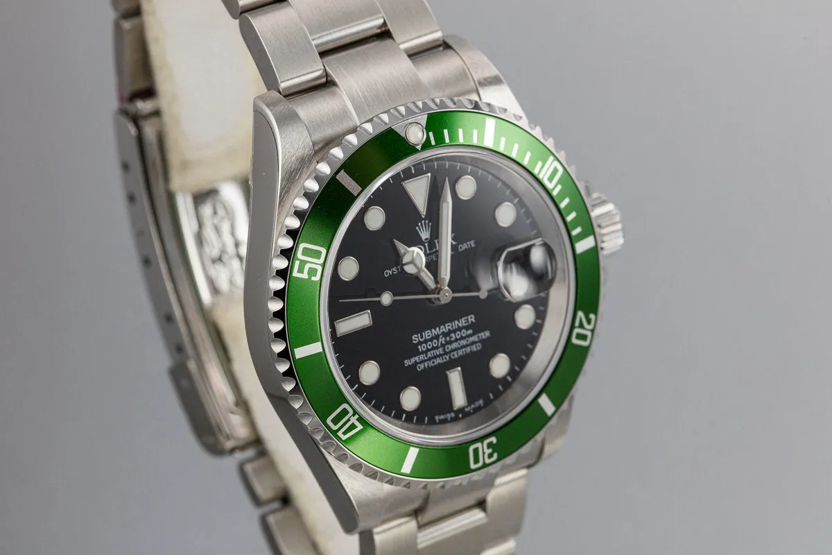 Mint 2003 Rolex Anniversary Green Submariner 16610LV with Box and Papers,Flat 4 Bezel, and Protective Stickers