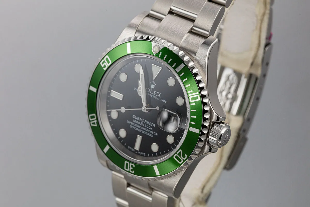 Mint 2003 Rolex Anniversary Green Submariner 16610LV with Box and Papers,Flat 4 Bezel, and Protective Stickers