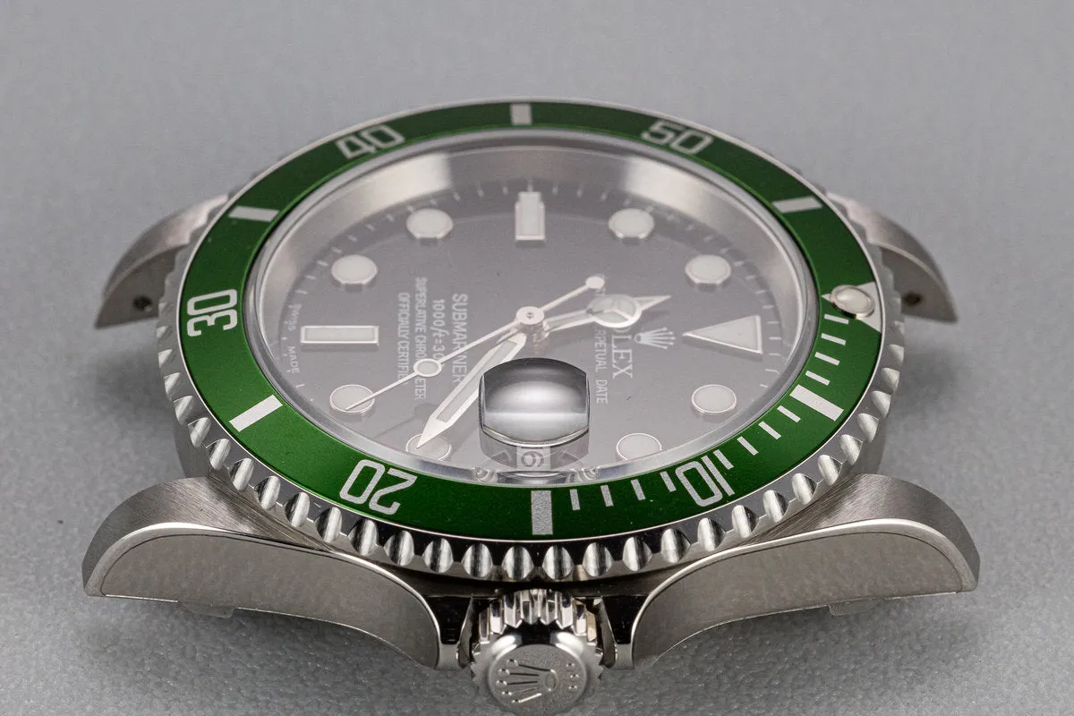 Mint 2003 Rolex Anniversary Green Submariner 16610LV with Box and Papers,Flat 4 Bezel, and Protective Stickers