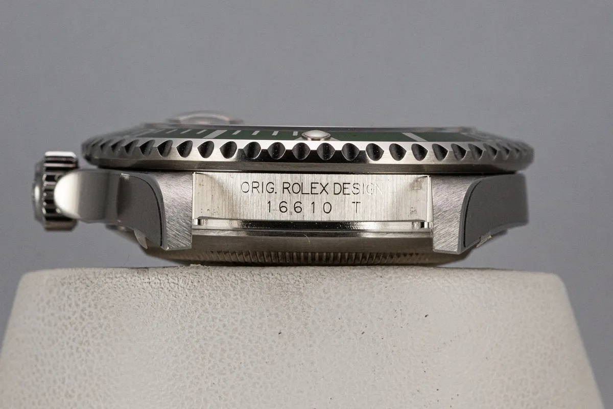 Mint 2003 Rolex Anniversary Green Submariner 16610LV with Box and Papers,Flat 4 Bezel, and Protective Stickers