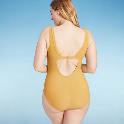 New - Women's Scallop Tie-Front Full Coverage Tummy Control One Piece Swimsuit -