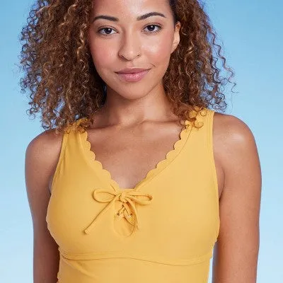 New - Women's Scallop Tie-Front Full Coverage Tummy Control One Piece Swimsuit -