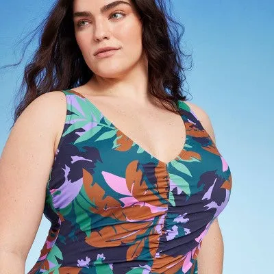 New - Women's Shirred Plunge One Piece Swimsuit - Shade & Shore Multi Floral Print 14