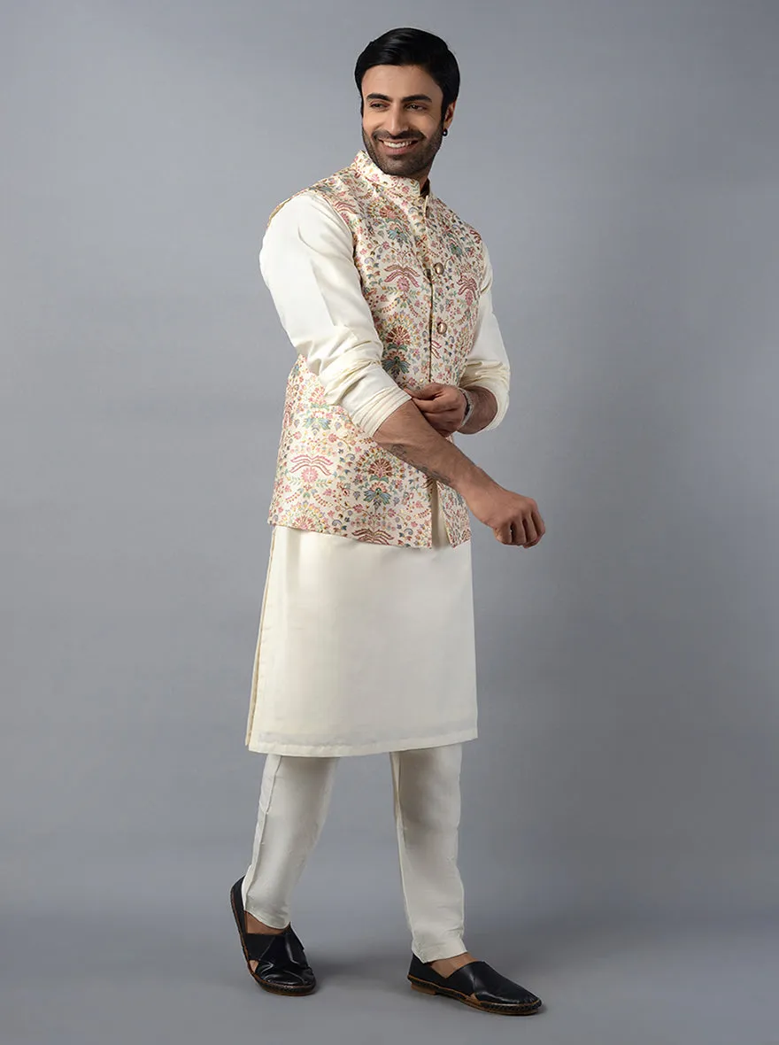 Off-White Embroidered With Printed Regular Fit Bandhgala Jacket | Azania