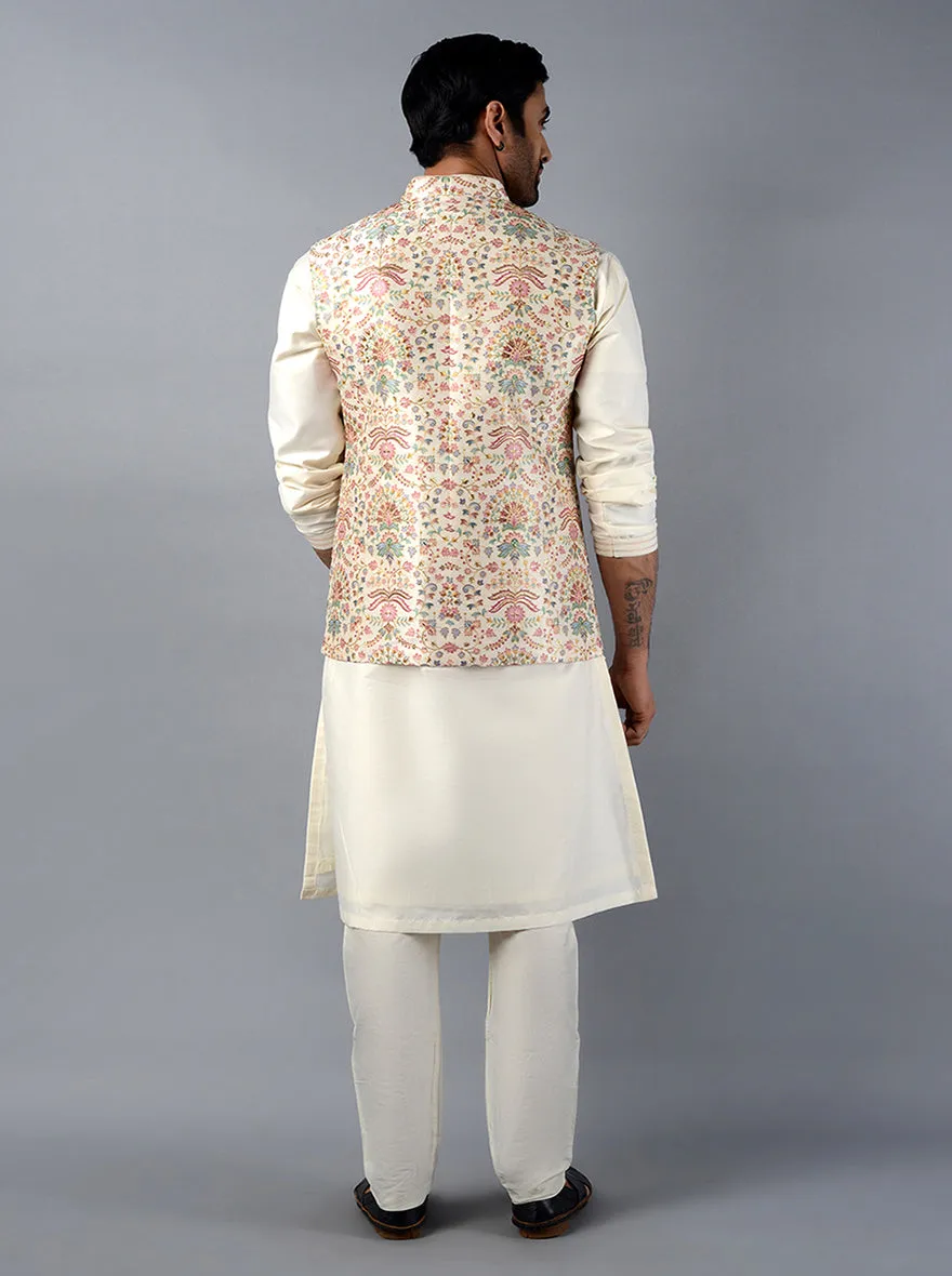 Off-White Embroidered With Printed Regular Fit Bandhgala Jacket | Azania