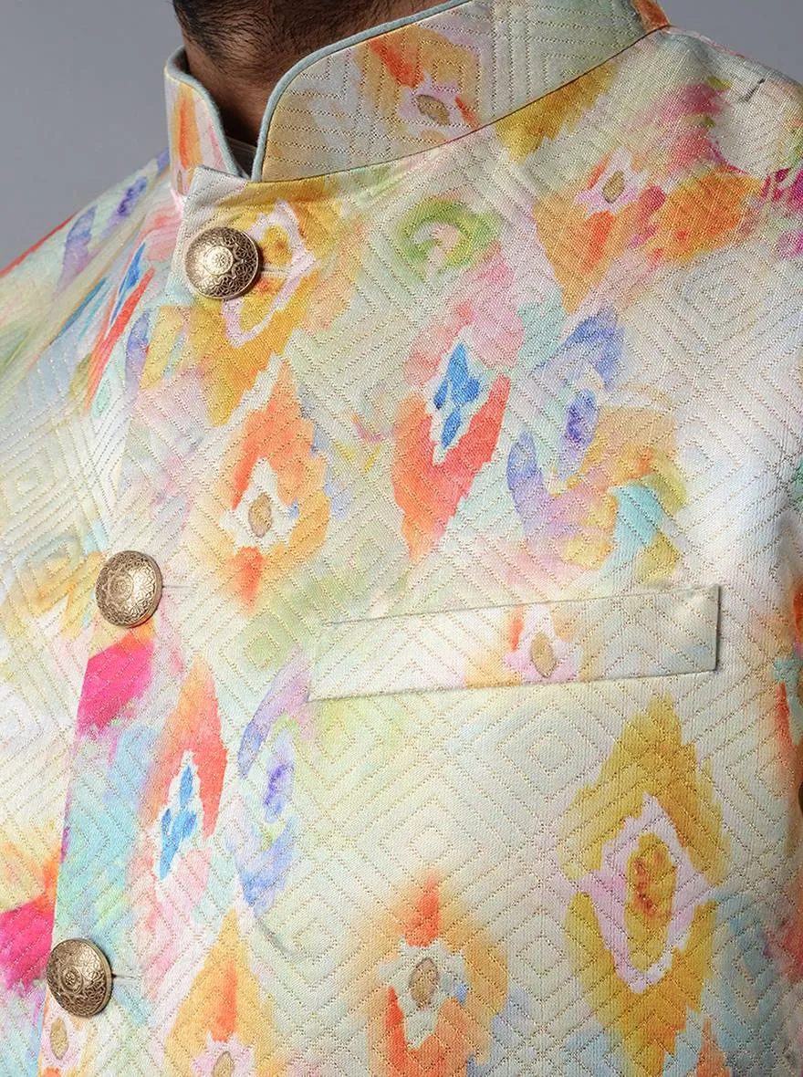 Off-White Printed With Self Design Regular Fit Bandhgala Jacket | TULA