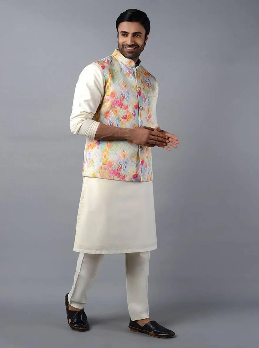 Off-White Printed With Self Design Regular Fit Bandhgala Jacket | TULA