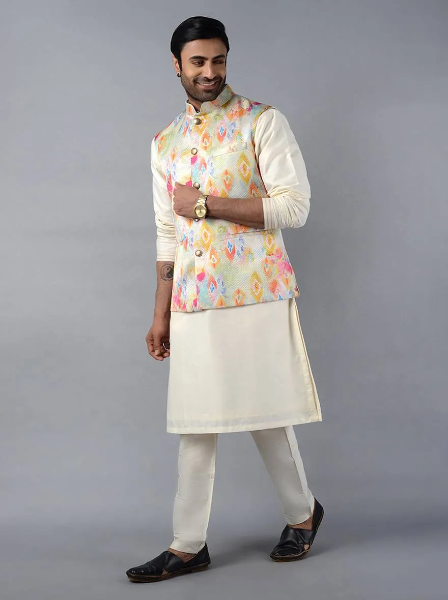 Off-White Printed With Self Design Regular Fit Bandhgala Jacket | TULA