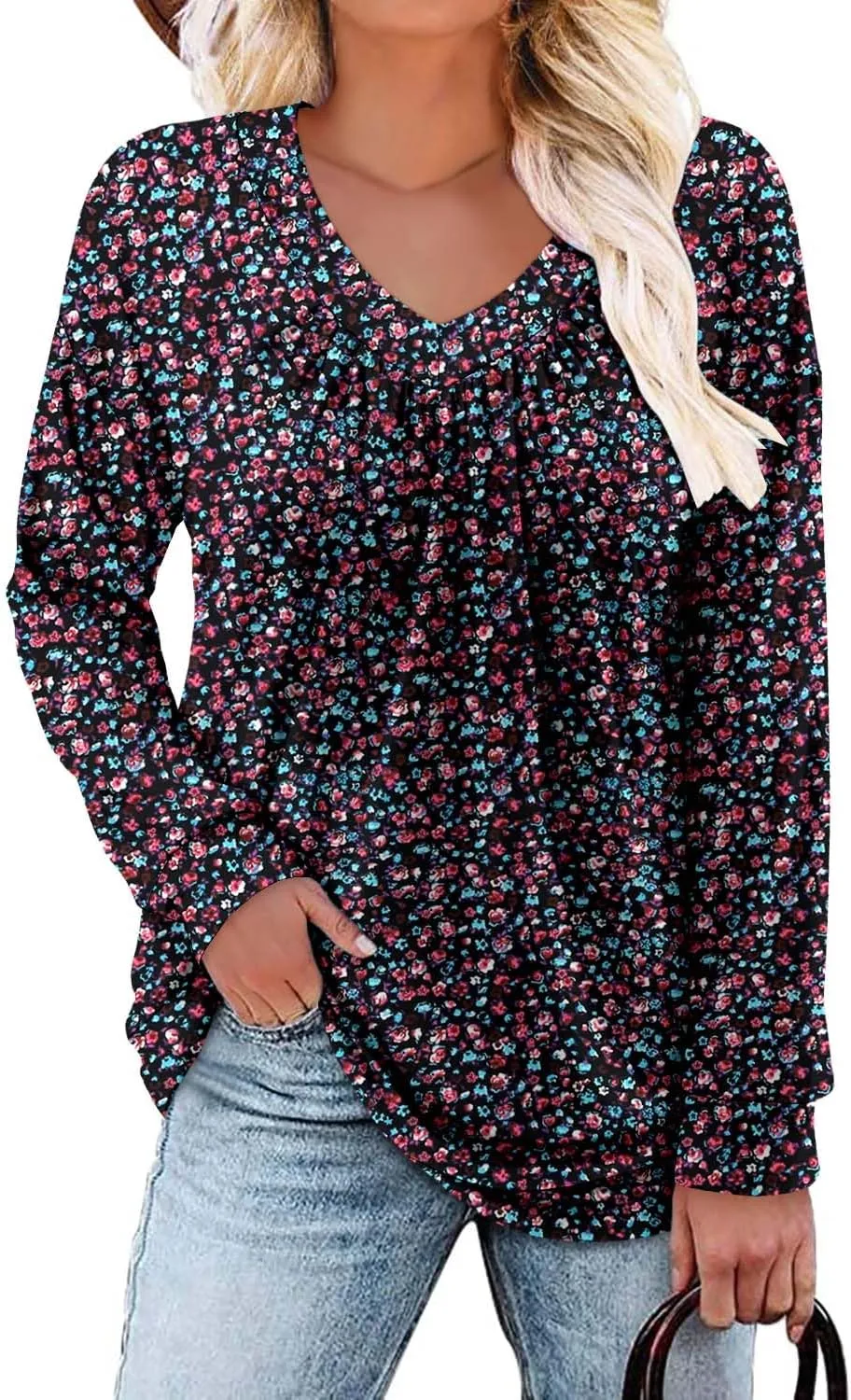 ONLYSHE Women's Blouses with Long Sleeves V Neck Loose Fit Casual Pullover Tunic Tops