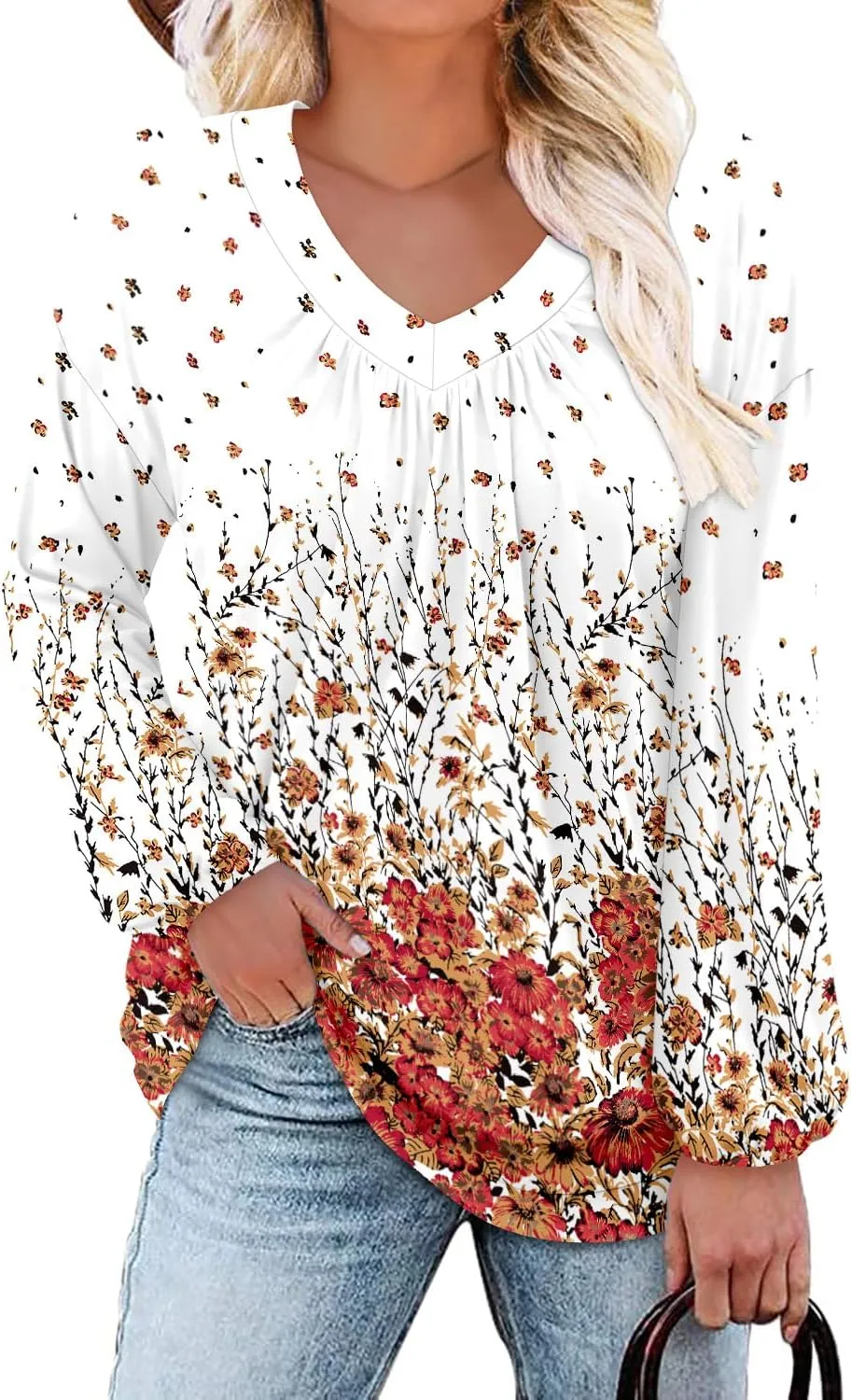ONLYSHE Women's Blouses with Long Sleeves V Neck Loose Fit Casual Pullover Tunic Tops