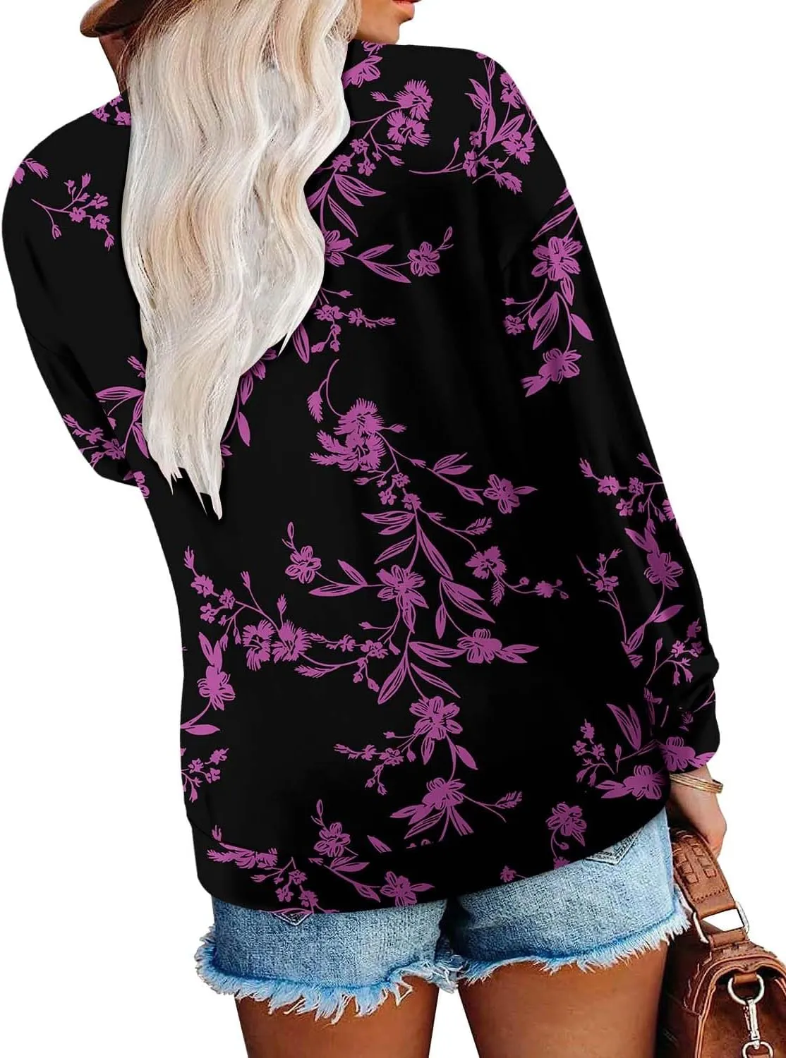 ONLYSHE Women's Blouses with Long Sleeves V Neck Loose Fit Casual Pullover Tunic Tops