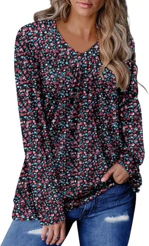ONLYSHE Women's Blouses with Long Sleeves V Neck Loose Fit Casual Pullover Tunic Tops