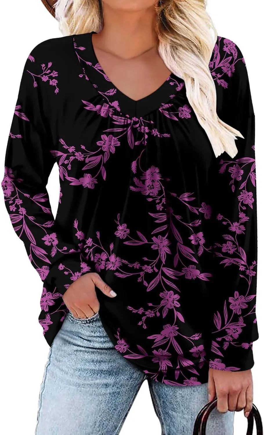 ONLYSHE Women's Blouses with Long Sleeves V Neck Loose Fit Casual Pullover Tunic Tops