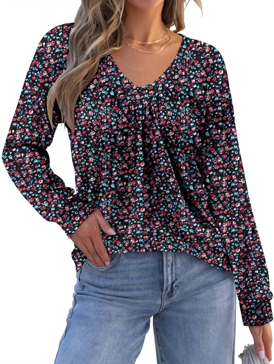 ONLYSHE Women's Blouses with Long Sleeves V Neck Loose Fit Casual Pullover Tunic Tops