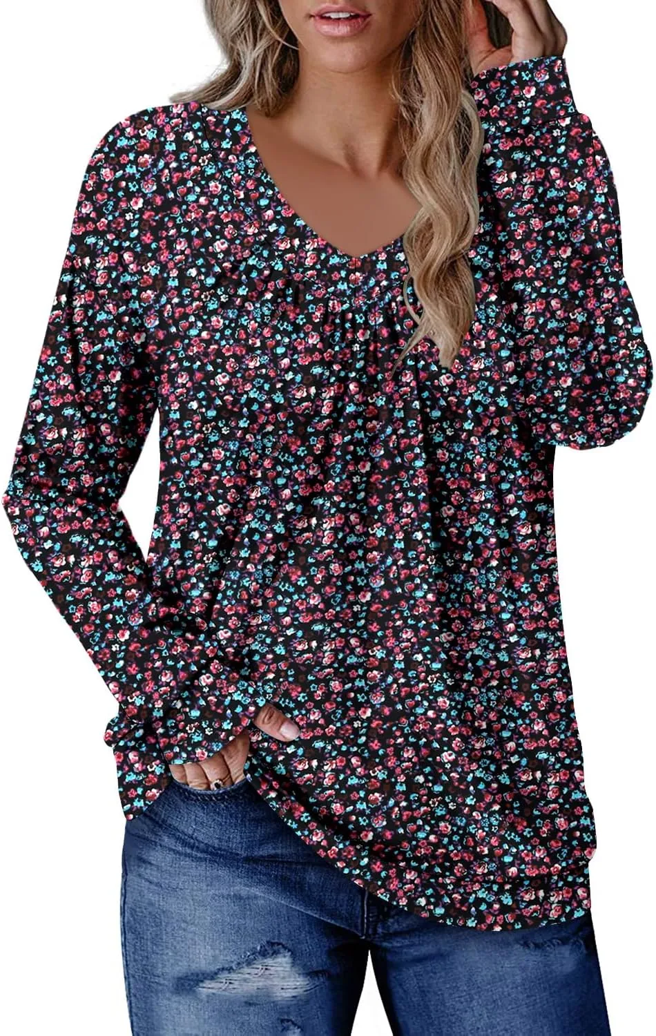 ONLYSHE Women's Blouses with Long Sleeves V Neck Loose Fit Casual Pullover Tunic Tops