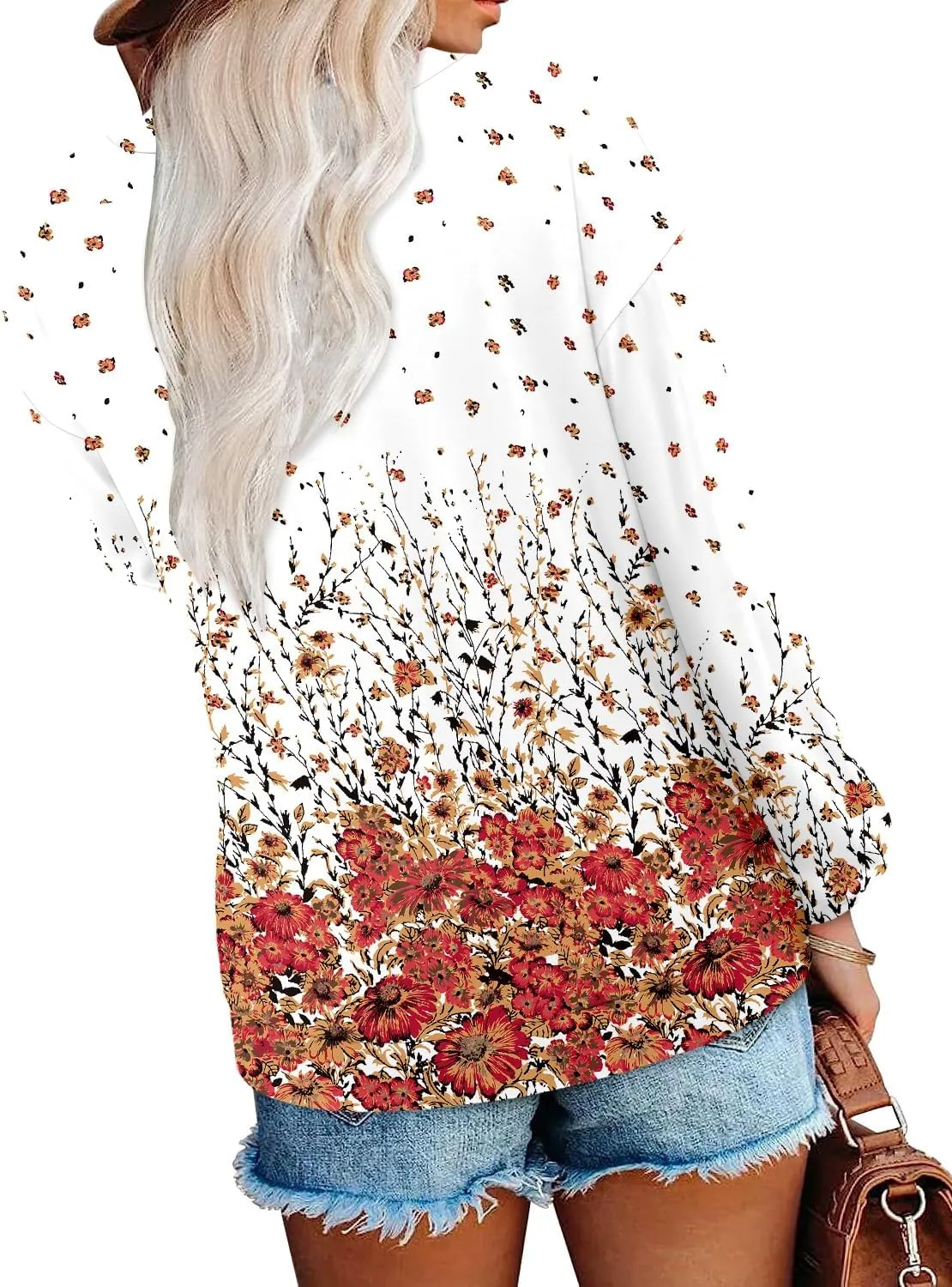 ONLYSHE Women's Blouses with Long Sleeves V Neck Loose Fit Casual Pullover Tunic Tops