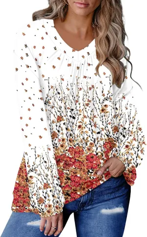 ONLYSHE Women's Blouses with Long Sleeves V Neck Loose Fit Casual Pullover Tunic Tops