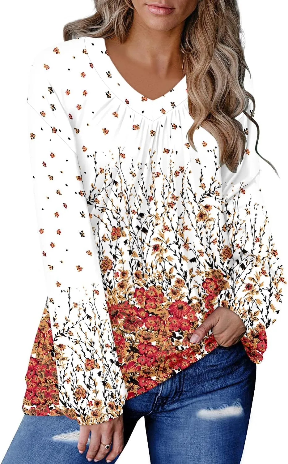 ONLYSHE Women's Blouses with Long Sleeves V Neck Loose Fit Casual Pullover Tunic Tops