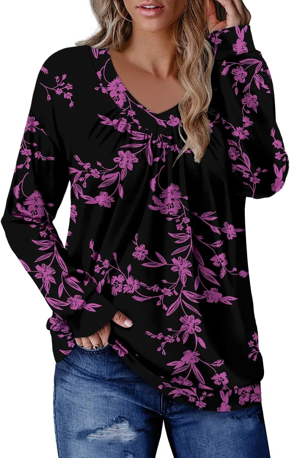 ONLYSHE Women's Blouses with Long Sleeves V Neck Loose Fit Casual Pullover Tunic Tops