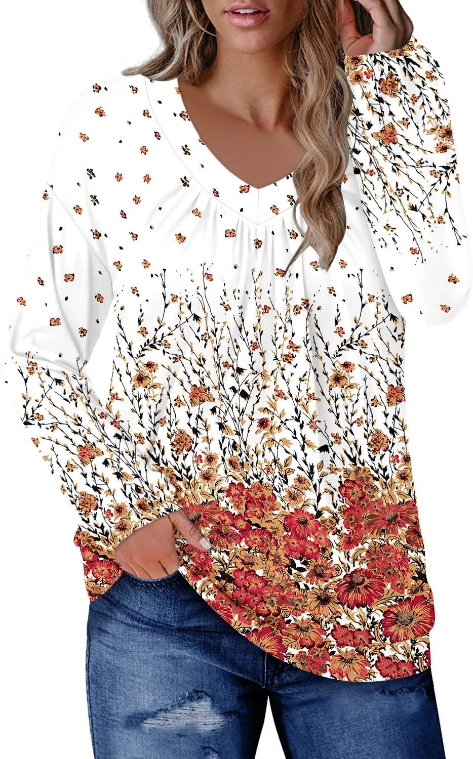ONLYSHE Women's Blouses with Long Sleeves V Neck Loose Fit Casual Pullover Tunic Tops