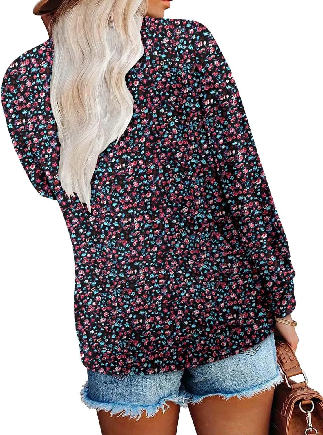 ONLYSHE Women's Blouses with Long Sleeves V Neck Loose Fit Casual Pullover Tunic Tops