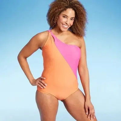 Open Box - Lands' End Women's One Piece Swimwear Tummy Control One Shoulder Swimsuit UPF 50