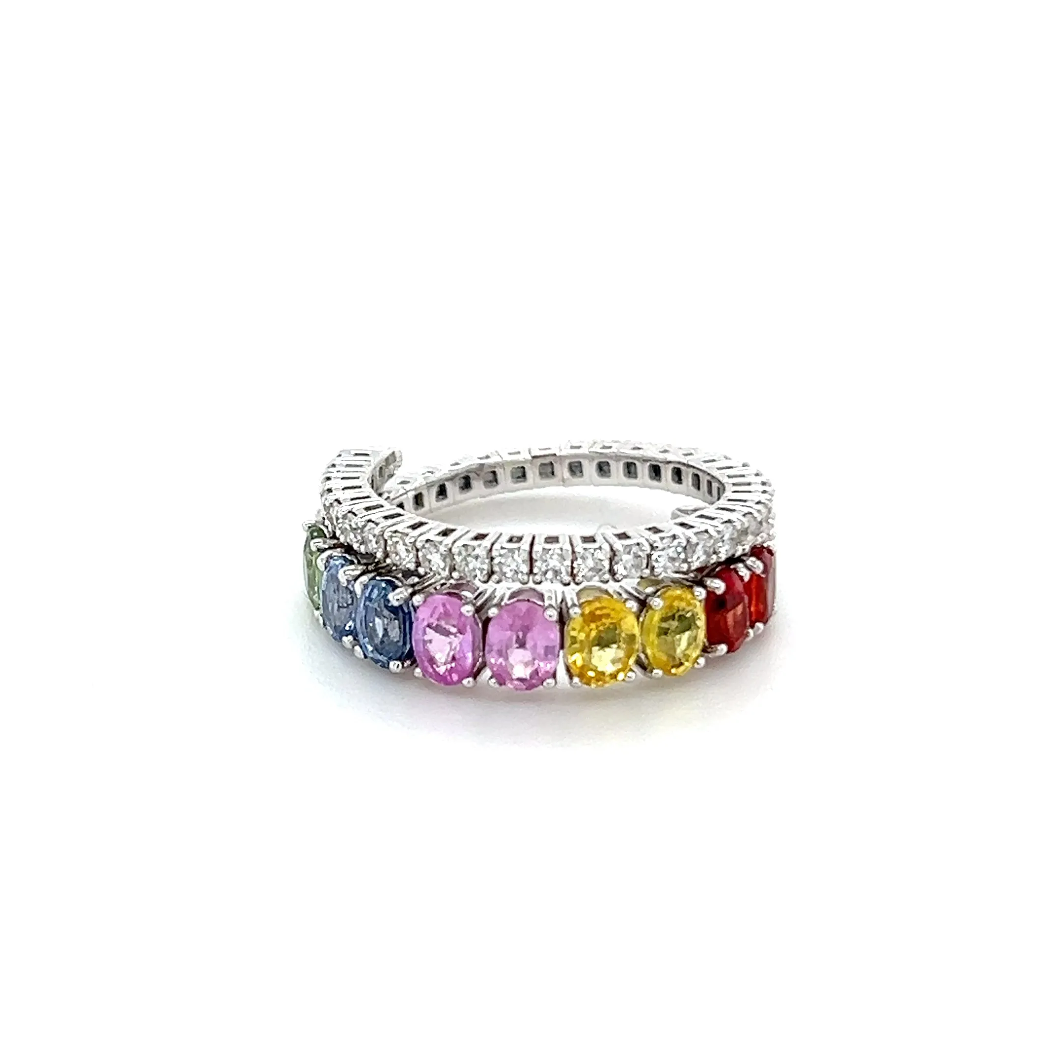 Oval Multicolored Sapphires and Diamonds Eternity Double Ring